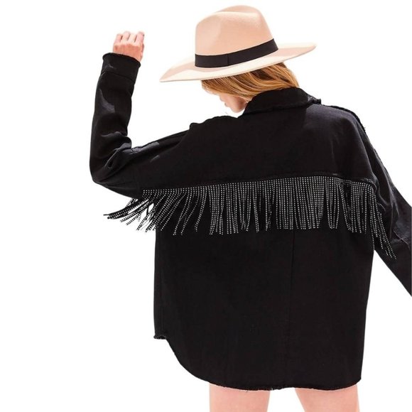 Main Strip Stud Fringe Raw Hem Oversized Black Denim Jacket Shacket CJ60713 - Picture 6 of 16